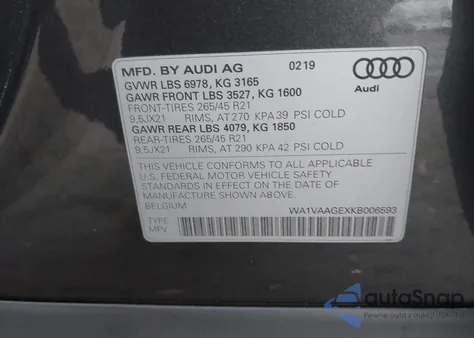 2019 Audi E-Tron Premium Plus z USA, uszkodzony, nr VIN WA1VAAGEXKB006593